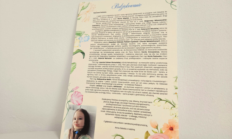 Wyjątkowe podziękowania od naszej pacjentki Julki oraz jej najbliższych